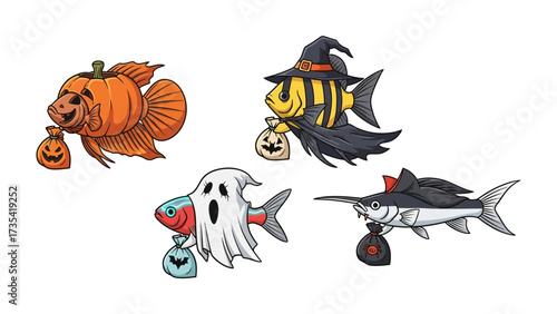 Halloween Fish Costumes: A vibrant collection of four fish, each uniquely adorned in festive Halloween costumes, cheerfully carrying small bags with treats, embodying the playful spirit of the season.