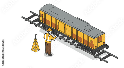 Isometric train maintenance with engineer inspecting rail car on tracks