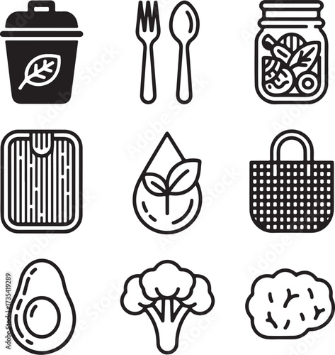 Nine Line Art Eco Meal Prep Icons with Transparent Background eco friendly healthy food