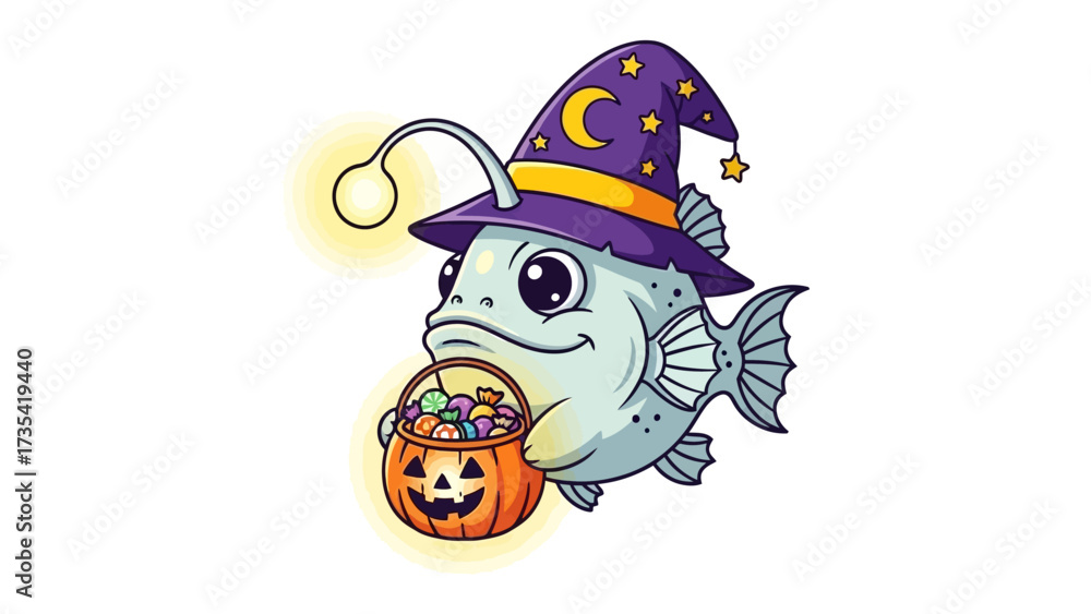 Fototapeta premium Happy Halloween: A whimsical anglerfish, adorned in a witch's hat, clutches a jack-o'-lantern bucket overflowing with sweet treats, embodies the spirit of Halloween.
