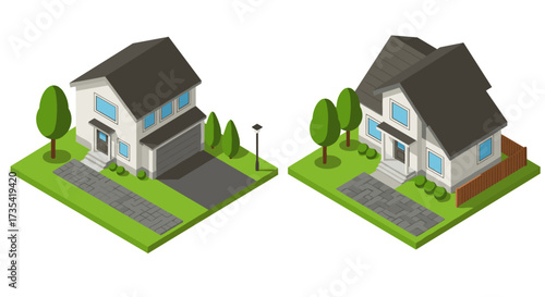 Isometric suburban houses with green landscaping and trees