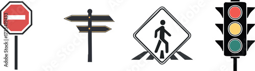 Silhouette of Road Pavement Navigation. The image features various traffic signs, including a stop sign, directional sign, pedestrian warning, and traffic light, symbolizing road safety and navigation