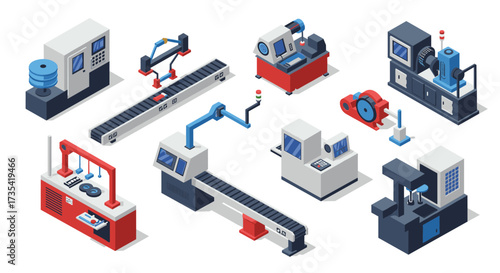 Isometric factory machinery set with conveyor belts and industrial equipment