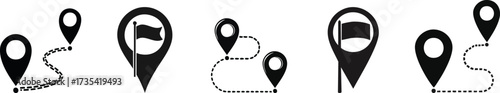 Silhouette of Navigation. A collection of black location pins with varied designs, symbolizing navigation and mapping concepts.
