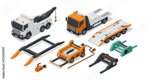 Isometric tow trucks and equipment set for industrial use and repairs