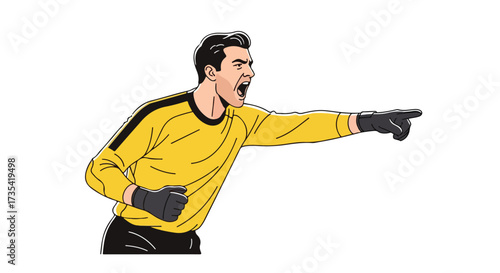 Animated soccer goalkeeper yelling and gesturing, wearing yellow uniform and black gloves with intense focus pointing forward during a game