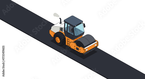 Road construction with isometric steamroller on asphalt path
