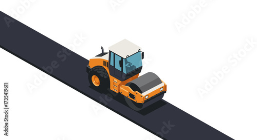 Isometric road roller on fresh asphalt in minimalistic style