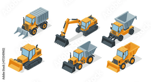 Construction vehicles set in isometric style featuring excavators, dump trucks, and loaders