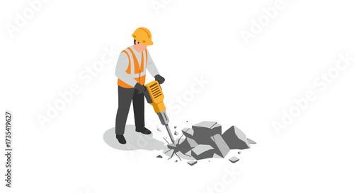 Construction worker using jackhammer on concrete in isometric design