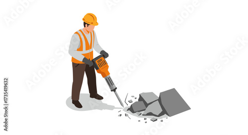 Construction worker breaking concrete with jackhammer in isometric style