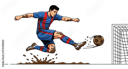 Dynamic soccer player illustration executing a powerful kick amidst muddy conditions near the goalpost aiming for the score