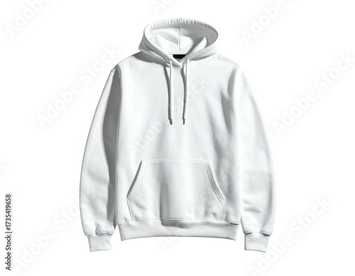 Front-facing, clean white hoodie with a kangaroo pocket and drawstrings