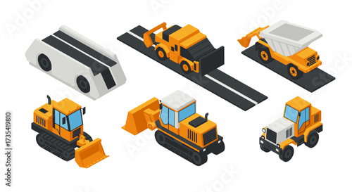 Isometric construction vehicles collection with bulldozer and truck designs