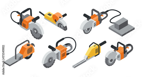 Isometric set of concrete cutters and construction tools