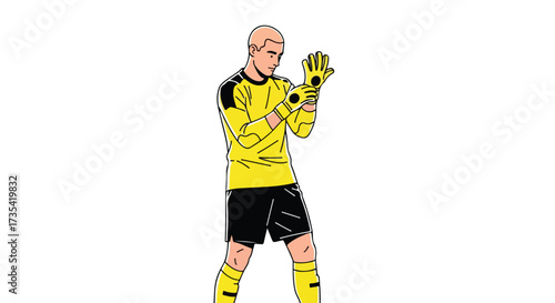 Goalkeeper preparing for the match, putting on his gloves and ready to defend the goal. Illustration of a soccer player wearing uniform with