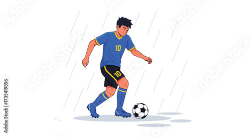 Determination in Drizzle: A Soccer Player Mastering the Ball Despite the Rain on the Field Playing Solo Football Game Even in Bad Weather Conditions