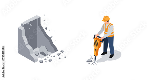 Construction worker using jackhammer on concrete wall in isometric style