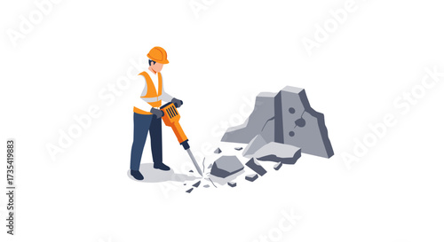 Construction worker using jackhammer to break rocks in flat style