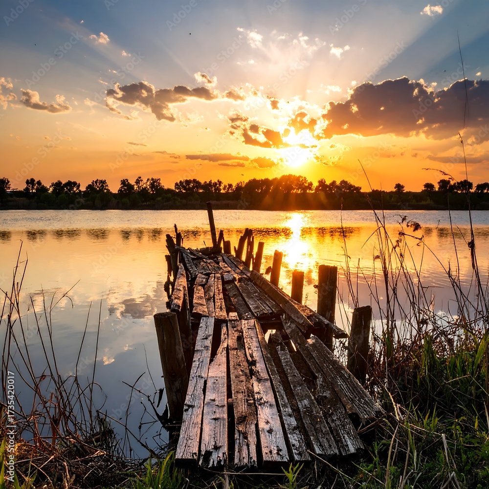Fototapeta premium Sun sets over a weathered dock