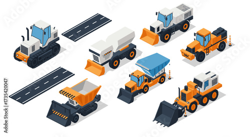 Construction vehicles set with isometric design featuring road elements and heavy machinery