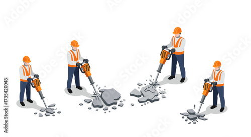 Isometric construction workers using jackhammers on concrete