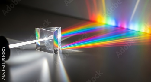 Light beam passing through a prism, creating a spectrum of colors, showcasing the phenomenon of light dispersion and refraction in physics