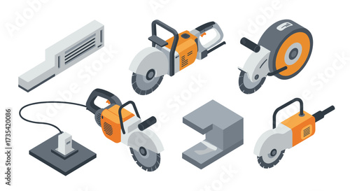 Isometric construction tools set featuring concrete saw and equipment elements