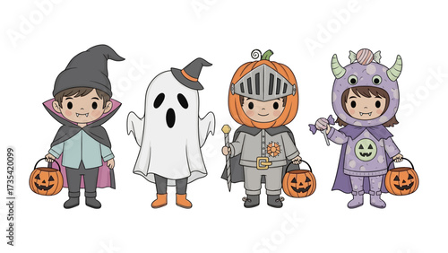 Spirited Halloween Ensemble: An array of cheerful figures adorned in delightful costumes, ready to celebrate the eerie holiday spirit and enjoy the thrilling festivities of trick-or-treating.