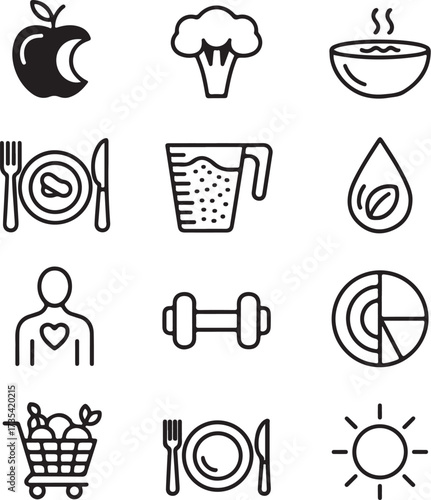 Nine Geometric Icons Representing Food Nutrition Elements vector
