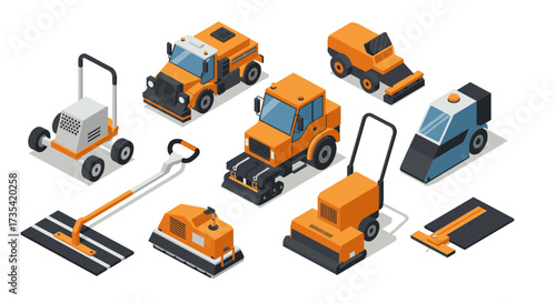 Isometric construction machines set with vibrant colors and detailed design