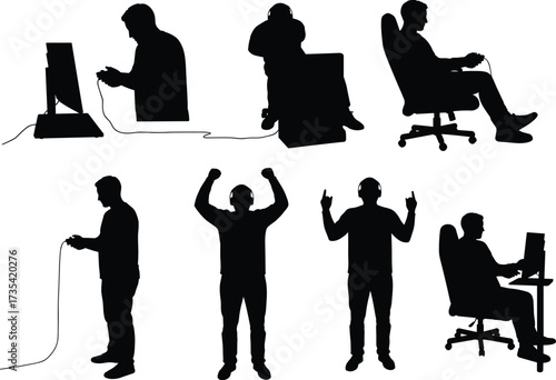 Silhouette gamers with controllers, computer users, gaming culture, headphone players, video