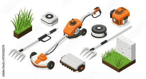 Isometric garden tools and equipment on white background