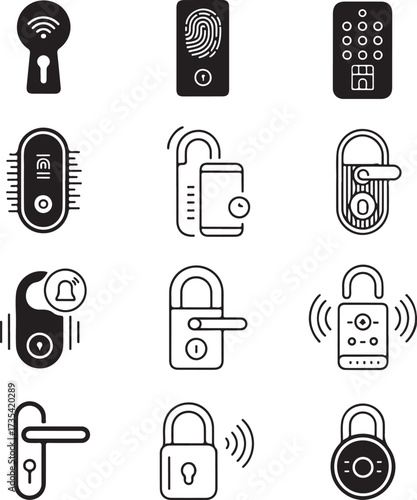 Set of Nine Line Art Smart Door Lock Icons with Transparent Background smart lock icon security icon