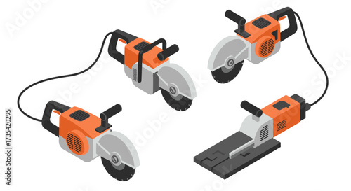 Isometric power grinder tools set for construction and repair projects