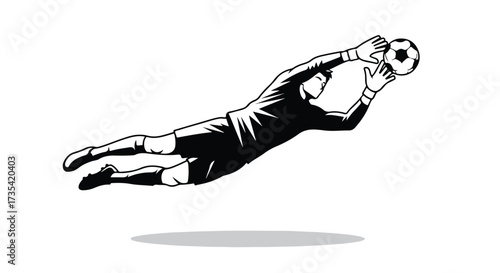 Goalkeeper saves the ball with a spectacular jump, in a dynamic monochromatic illustration, highlighting athletic skill and focus on the game action