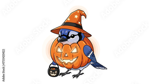 Halloween Blue Jay in Costume: A whimsical blue jay adorned in a festive Halloween pumpkin costume and witch hat, clutching a treat bucket, perfect for a touch of autumnal joy.