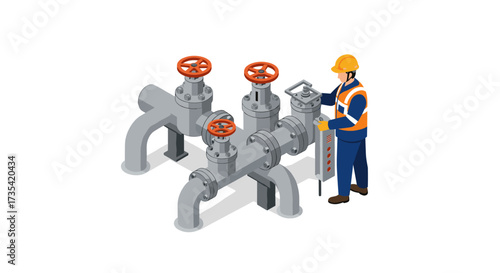 Isometric industrial engineer operating pipeline valves in safety gear