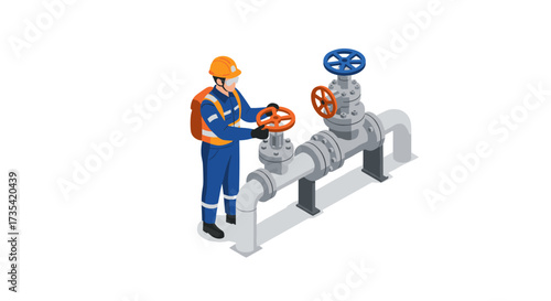 Engineer operating industrial pipeline valves in isometric style