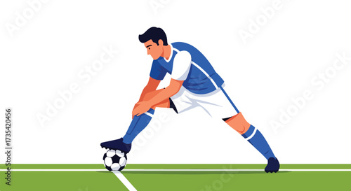 Illustrated soccer player stretching leg on ball preparing for match on green field ready to compete