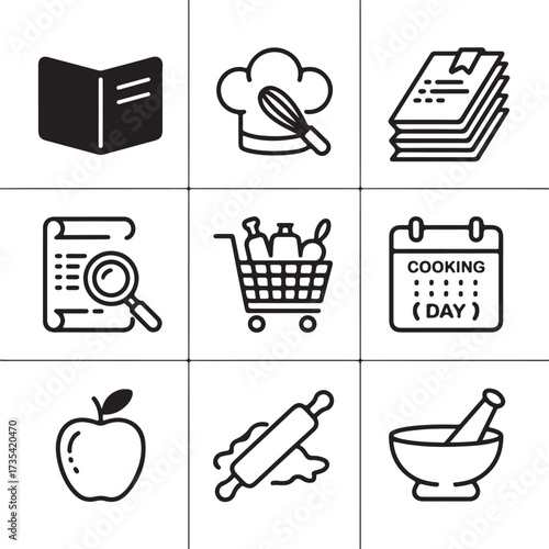 Nine Line Art Recipe Organization Icons With Transparent Background cooking