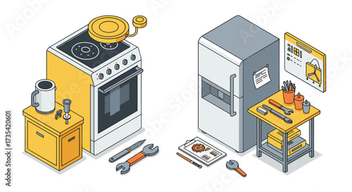 Isometric home appliance repair scene with tools and kitchen setup