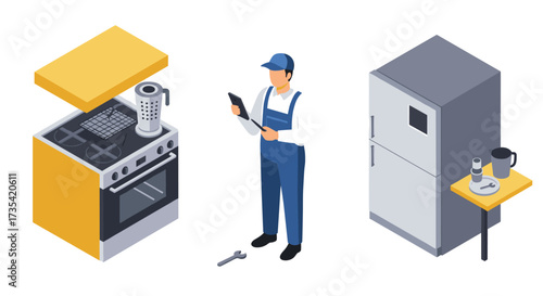 Isometric kitchen repair concept with technician checking appliances