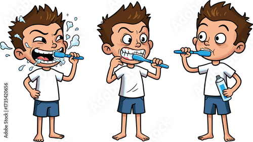 Cartoon boy brushing teeth, dental hygiene steps, toothpaste routine, morning care, clean smile, oral health, children education, hygiene illustration