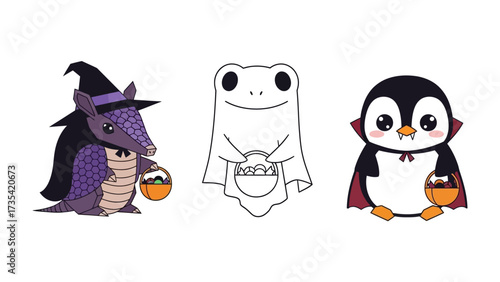 Spooky Trio's Halloween Spirit: A whimsical assortment of cartoon characters—an armadillo in a witch's hat, a ghost frog, and a penguin in a vampire cape—gather with their treat baskets.