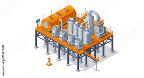 Isometric industrial facility with machinery on elevated platform