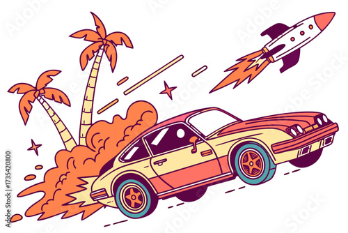 Retro sports car with rocket and palm trees