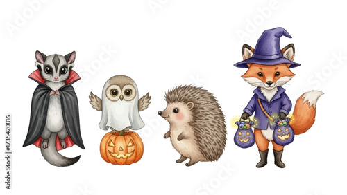 Halloween Creature Parade: A charming cartoon captures the whimsical essence of Halloween, showcasing a friendly vampire sugar glider, a spectral owl, a cuddly hedgehog, and a sly fox.