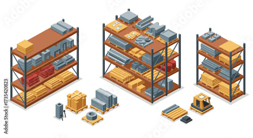 Isometric warehouse shelves with industrial materials and supplies