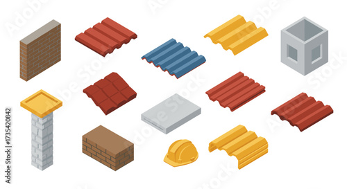Isometric construction elements bricks, roof tiles, and building materials